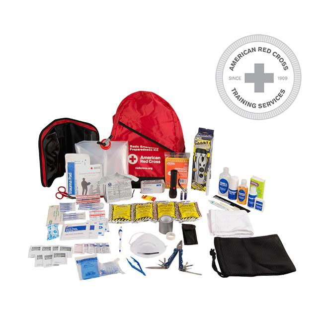 Basic 3-Day 72 Hour Emergency Preparedness Kit with items including Hand Crank Flashlight, Multi-Tool, Emergency Blanket, Poncho, Whistle, Hygiene Products, Water, Tweezers and Bandages.