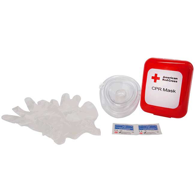 Pair of white nitrile gloves, Adult/Child CPR Mask with One Valve, two alcohol cleansing pads, and the Adult/Child CPR Mask Hard Case.
