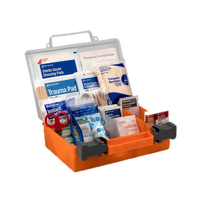Medium 25-Person First Aid Kit, open, showing the 118 pieces of contents in the box - slightly angled view.