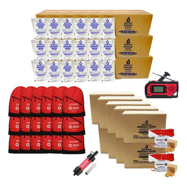 90-Person, 3-Day 72 hour Emergency Preparedness Supplies Set with 18 Red Cross backpacks, hygiene kits, 18 cases of emergency drinking water, nine cases of DATREX emergency food bars, Sawyer mini water filter, and hand crank emergency radio.
