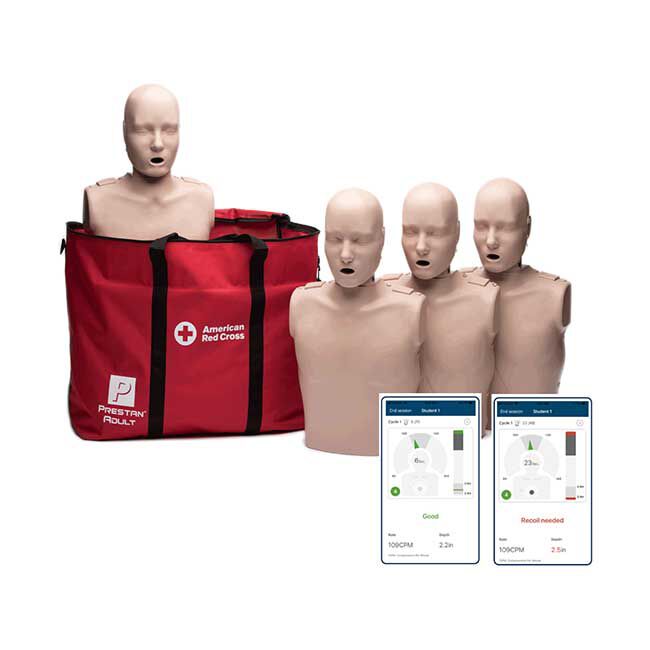 Set of four Prestan Professional Adult Series 2000 CPR Training Manikins with an American Red Cross carrying case and two screenshots of the Prestan CPR Feedback App.