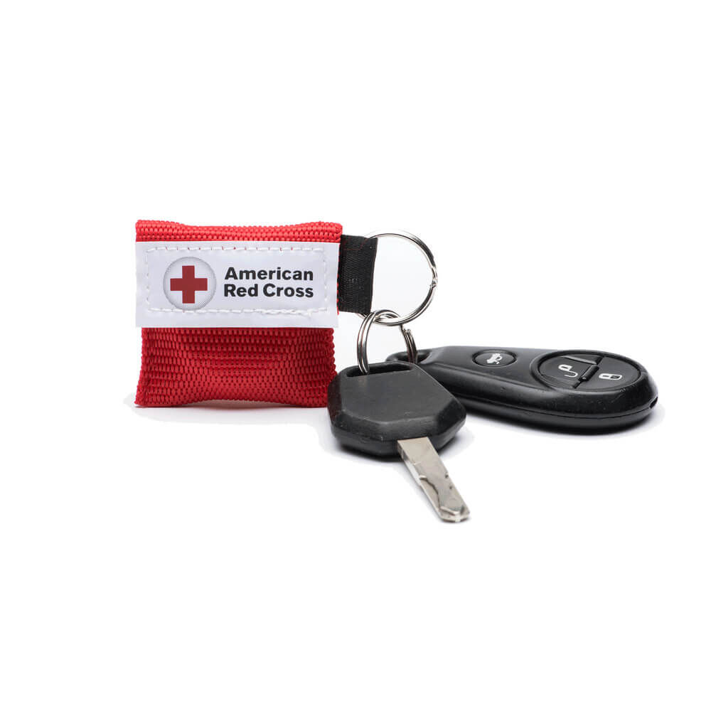 The American Red Cross CPR keychain containing the Face Shield attached to a set of keys.