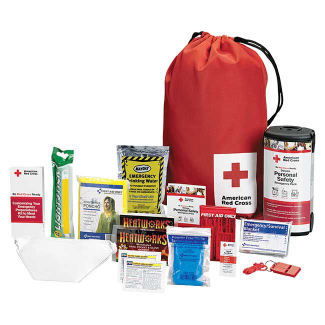 Deluxe Personal Safety Emergency Pack with Bag with items including Light Stick, Poncho, Drinking Water, Warmers, Wipes, Gloves, Bandages, Survival Blanket and Whistle.