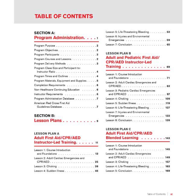 First Aid/CPR/AED Instructor Manual - table of contents.