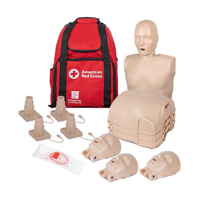 Tan Prestan Adult CPR Manikin stood upright, 3 manikin chests stacked together, 3 manikin heads, 4 feedback pistons, Red Cross carrying case, and face shield.