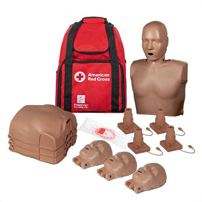 Brown Prestan Adult CPR Manikin stood upright, 3 stacked manikin chests, 3 manikin heads, 4 feedback pistons, Red Cross carrying case, and face shield.