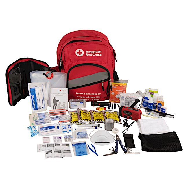 Deluxe 3-Day 72 Hour Emergency Preparedness Kit with items including Hand Crank Flashlight, Multi-Tool, Hygiene Products, First Aid Supplies, Drinking Water, Poncho, Tweezers and Blanket.