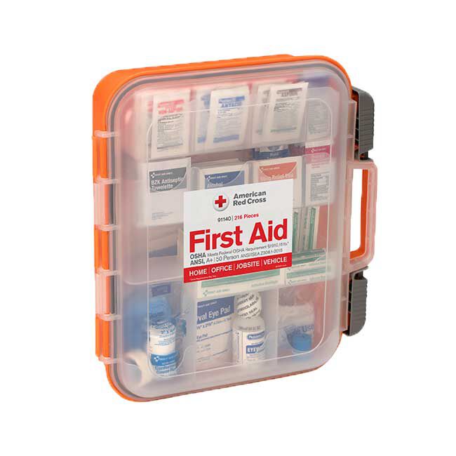 Large, 50 Person Red Cross First Aid Kit - slightly angled view of the front of the case with contented visible through the box.