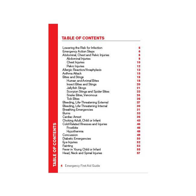 Emergency First Aid Reference Guide Table of Contents, first page.