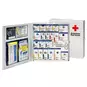 An open Large 50-Person Workplace ANSI A+ First Aid Kit showing the 182 contents in front of a closed Large 50-Person Workplace ANSI A+ First Aid Kit.