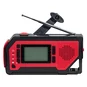 Hand crank emergency radio and LED flashlight with AM/FM/NOAA weather alerts, solar panel, USB phone charger, 2000mAh power bank, compact red-and-black design with digital display, antenna, and manual crank for backup power.