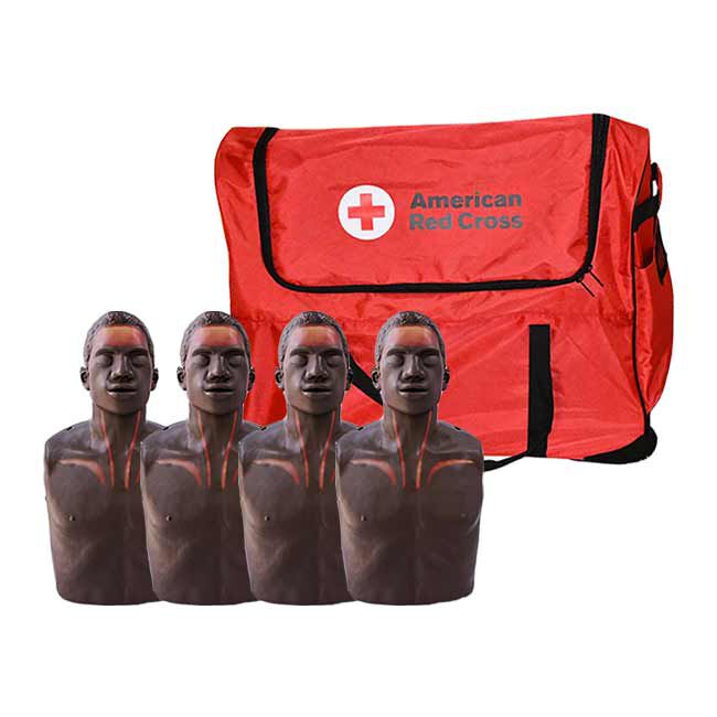 Four Brayden/BigRed OBI Adult CPR Manikins in front of a Red Cross Carrying Case.