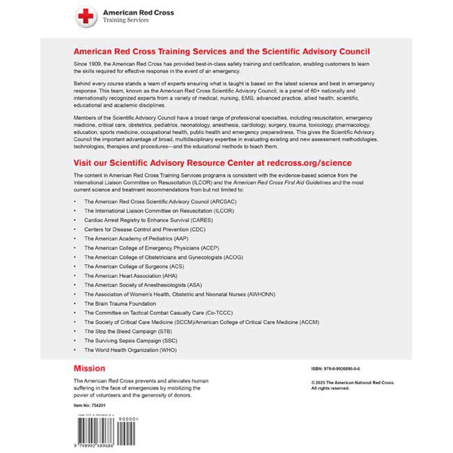 First Aid/CPR/AED Instructor Manual - back cover with overview of Red Cross Training Services and the Scientific Advisory Council.