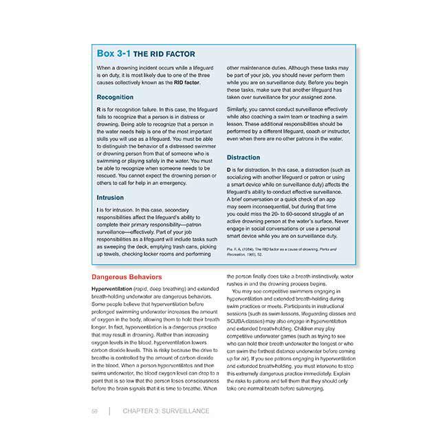 Lifeguarding Manual page about the RID Factor (Recognition, Intrusion, and Distraction), and Dangerous Behaviors including hyperventilation.