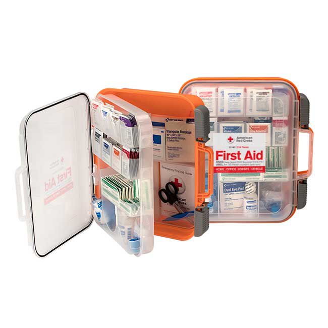 Large, 50 Person Red Cross First Aid Kit, open, showing the 216 kit contents in front of a closed Large, 50 Person Red Cross First Aid Kit.