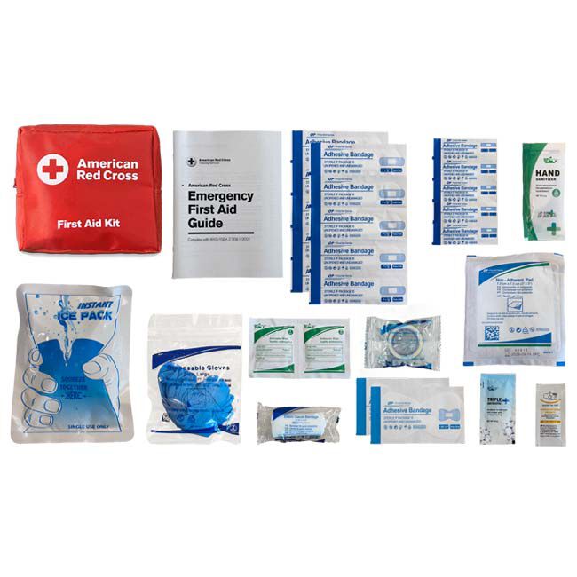 Mini Travel First Aid Kit with contents including bandages, ice pack, first aid guide and more.