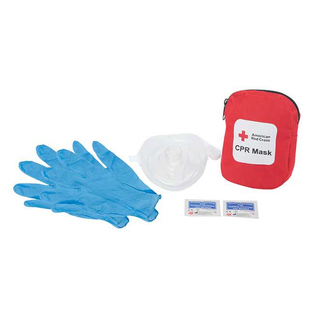 Pair of blue nitrile gloves, Adult/Child CPR Mask with One Valve, two alcohol cleansing pads, and the Adult/Child CPR Mask Soft Case.