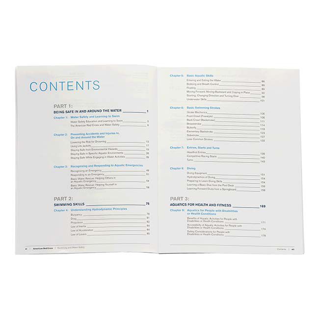 American Red Cross Swimming and Water Safety Manual Table of Contents including Being Safe in and Around the Water, Swimming Skills, and Aquatics for Health and Fitness.