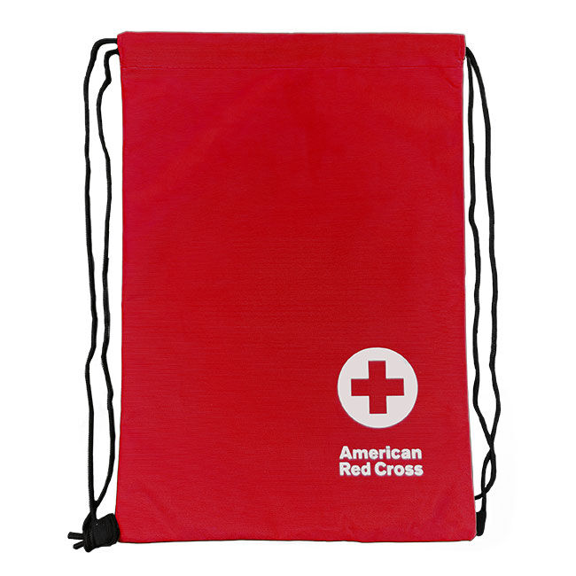 Front view of the red String Backpack with the American Red Cross logo.