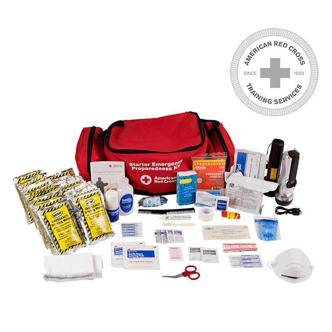 Emergency Preparedness Starter Kit with items including Drinking Water, Hand Crank Flashlights, Food Bars, Whistle, Bandages, Gauze, Comb and Hygiene Products.