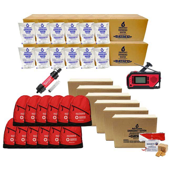 60-Person, 3-Day 72 Hour Emergency Preparedness Supplies Set with 12 Red Cross backpacks, hygiene kits, 12 cases of emergency drinking water, six cases of DATREX emergency food bars, Sawyer mini water filter, and hand crank emergency radio.