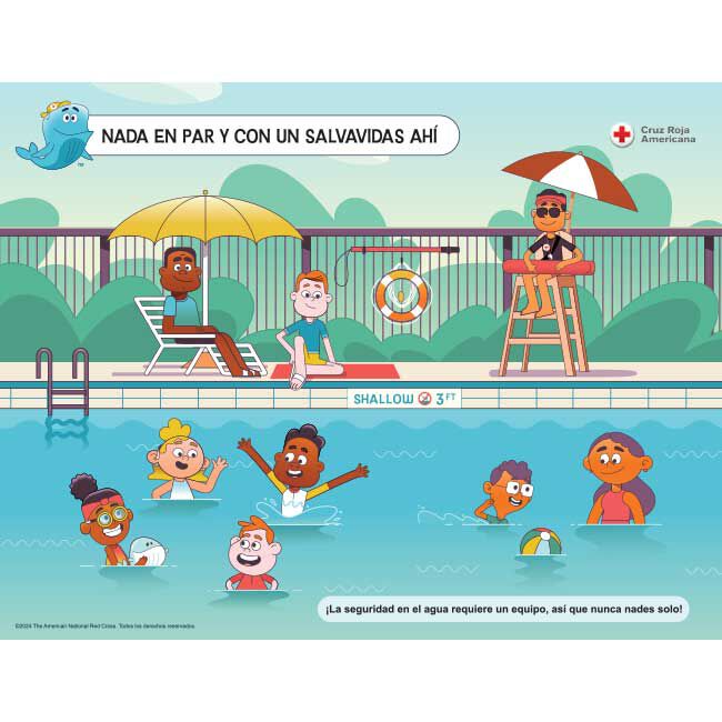 Swim As A Pair With A Lifeguard There WHALE Tales Poster, in Spanish.