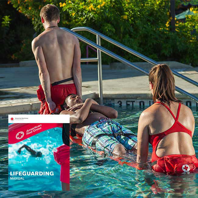 Two lifeguards rescuing someone from a pool, and a picture of the cover of the Red Cross Lifeguarding Manual.
