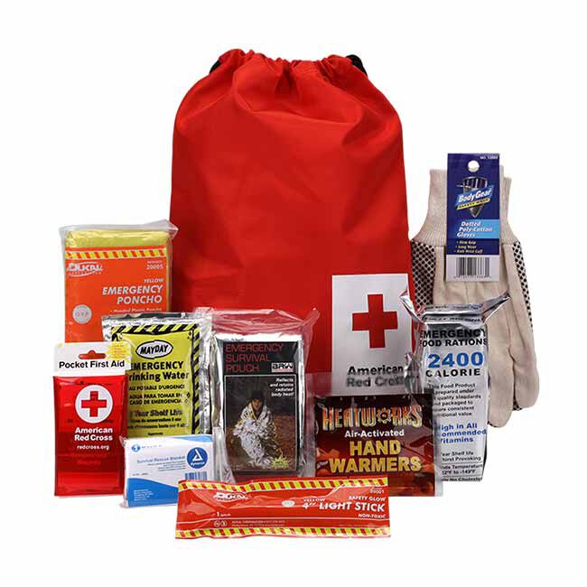 Car Survival Kit with Winter Supplies including Poncho, Pocket First Aid, Drinking Water, Survival Pouch, Rescue Blanket, Light Stick, Hand Warmers, Food Rations, and Poly-Cotton Gloves.