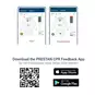 Screenshots of the Prestan CPR Feedback App with download logos for the Apple Store and Google Play, and a QR code.