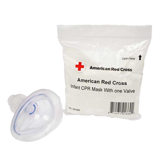 Infant CPR Mask with One Valve next to packaging with American Red Cross logo.