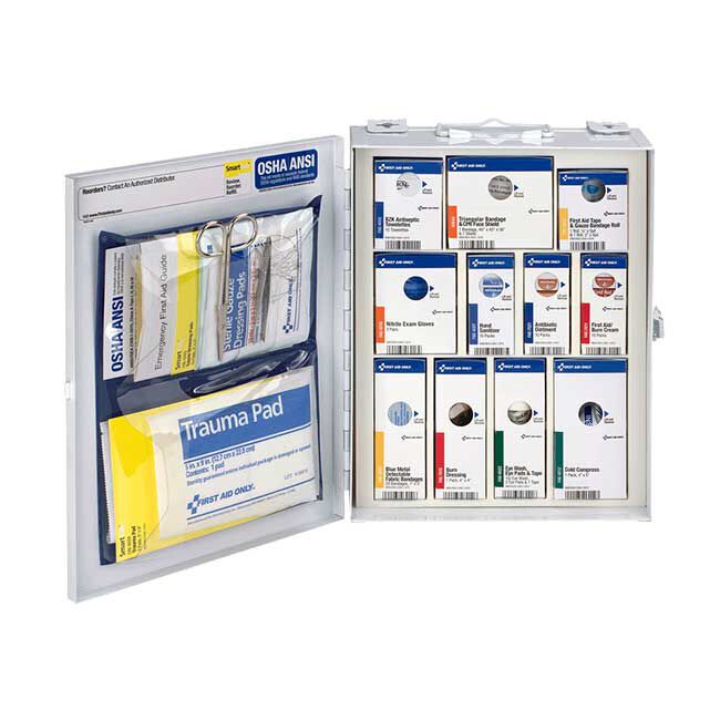 Medium SmartCompliance First Aid Kit with Metal Cabinet, ANSI A First Aid Kit, open, showing the 91 contents.