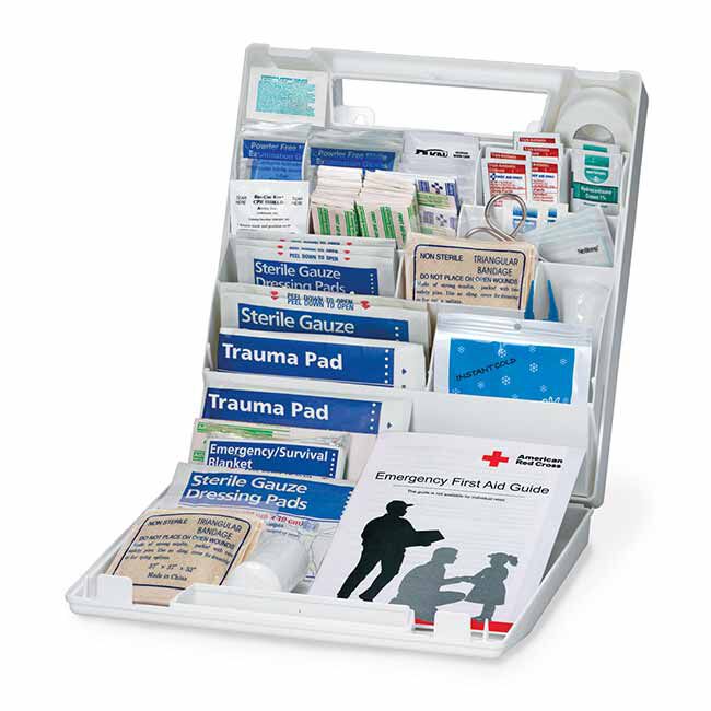 Family First Aid Kit with the hard case open and displaying the 113 pieces of contents within the kit.