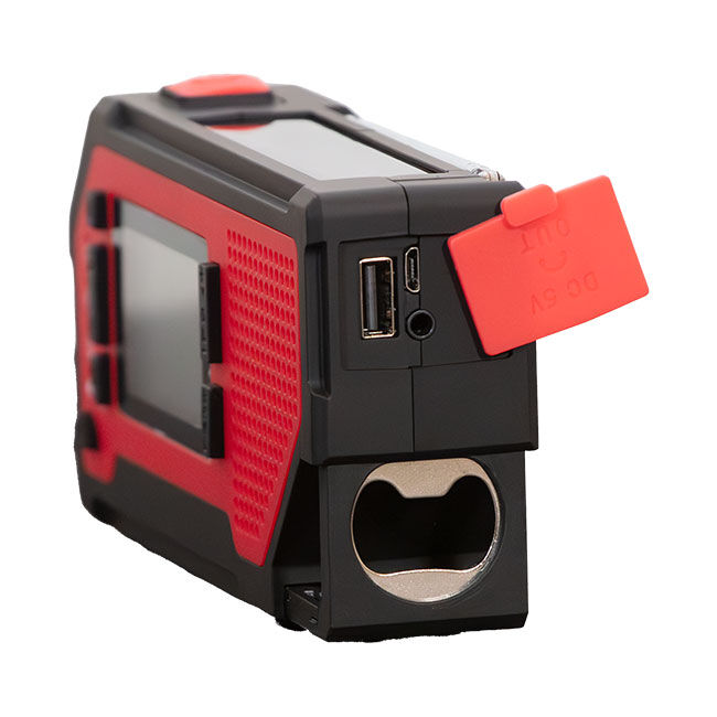 Emergency radio and flashlight side view showing USB ports, DC 5V cover, digital screen, and 2000mAh power bank for charging phones and devices.