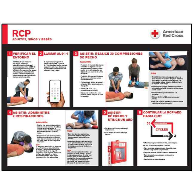 American Red Cross CPR poster with instructions in Spanish.