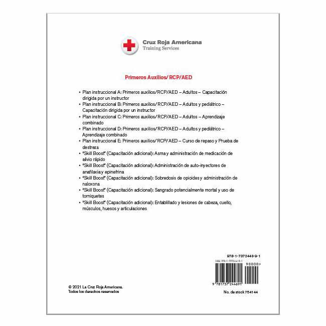 Back cover of the First Aid/CPR/AED DVD in Spanish overviewing the contents of the DVD.